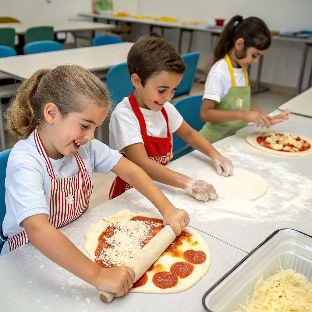 Kids making pizza in class